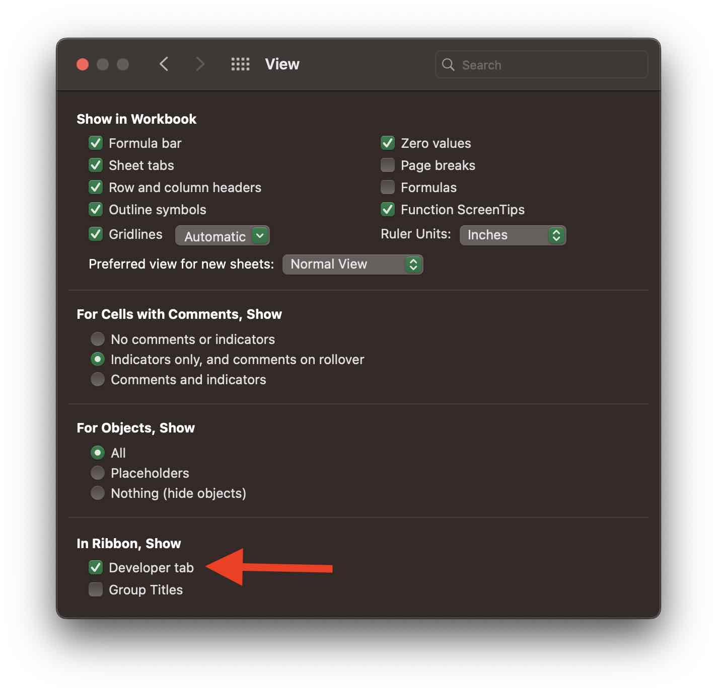 In Ribbon - Show Developer tab Option under File - Preferences on Mac